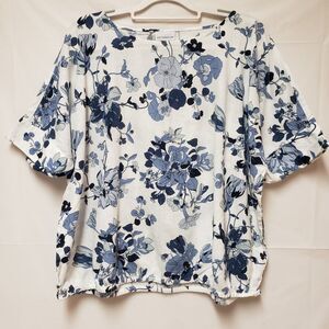 Liz Claiborne Women XL Top White Navy Blue Floral Print Short Sleeve Blouse NWOT